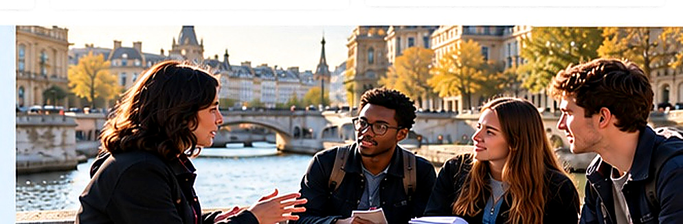 University students discussing ideas beside a river in France