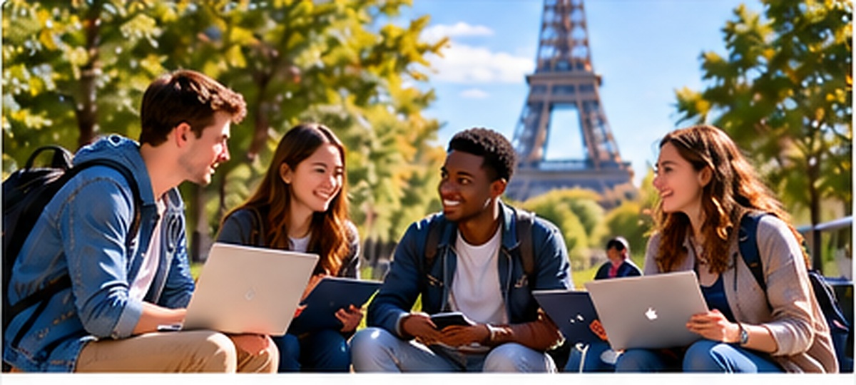 A diverse group of university students collaborating on a project in France